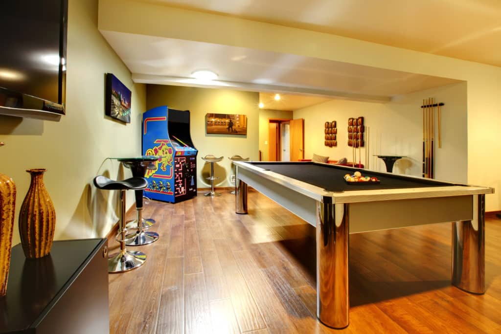 Basement with a game room